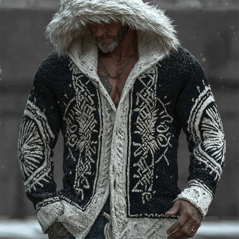 Men's Viking Runes Celtic Contrast Color Fur Trim Hooded Cardigan