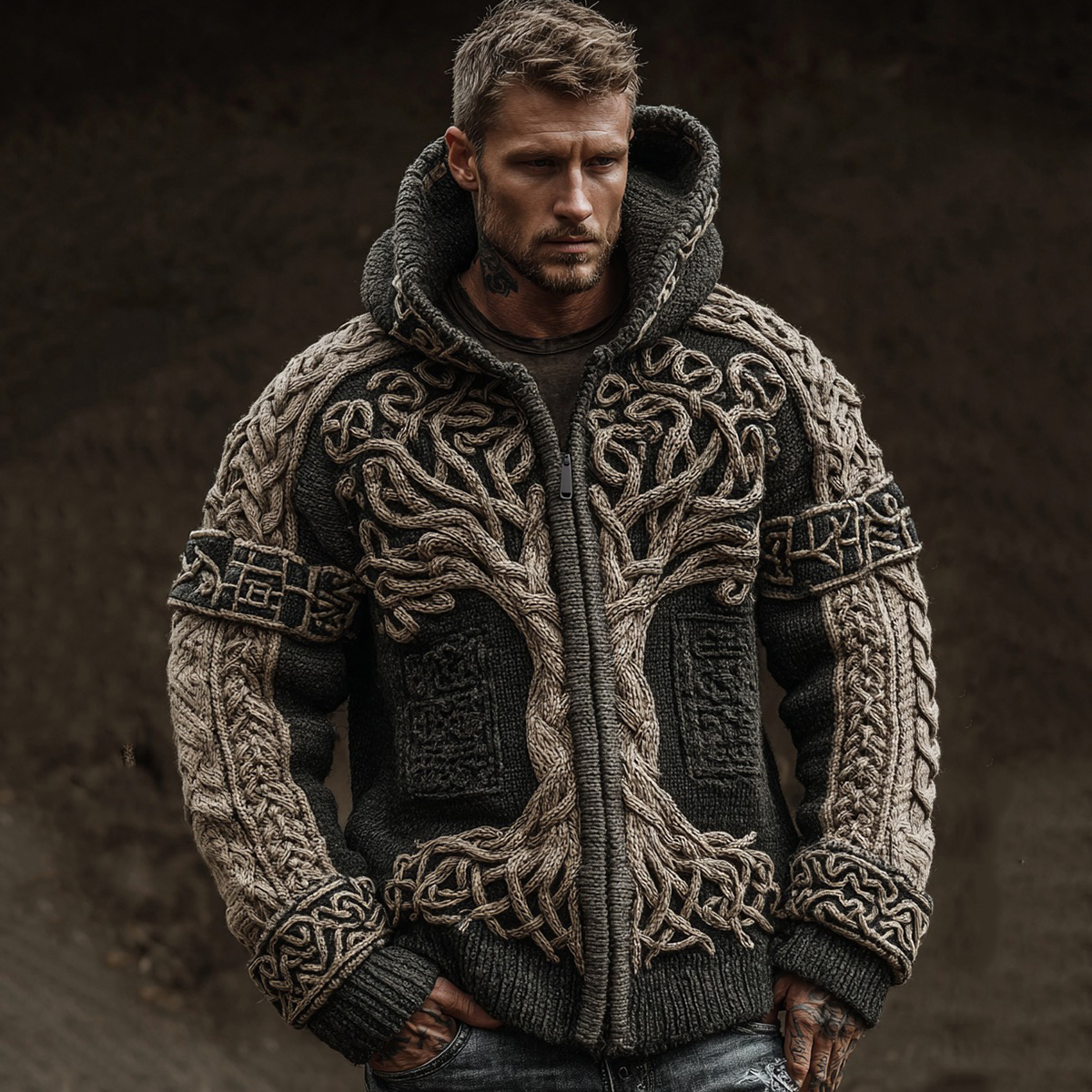 Men's Viking Life Of Tree Jacquard Knit Zipper Aran Sweater Hooded Cardigan