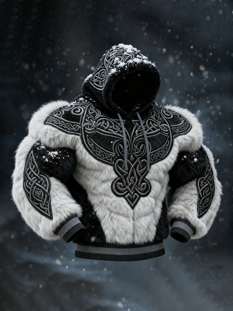 Men's Viking Tribal Jacquard Art Inspired Muscle Line Art Plush Warm Hoodie