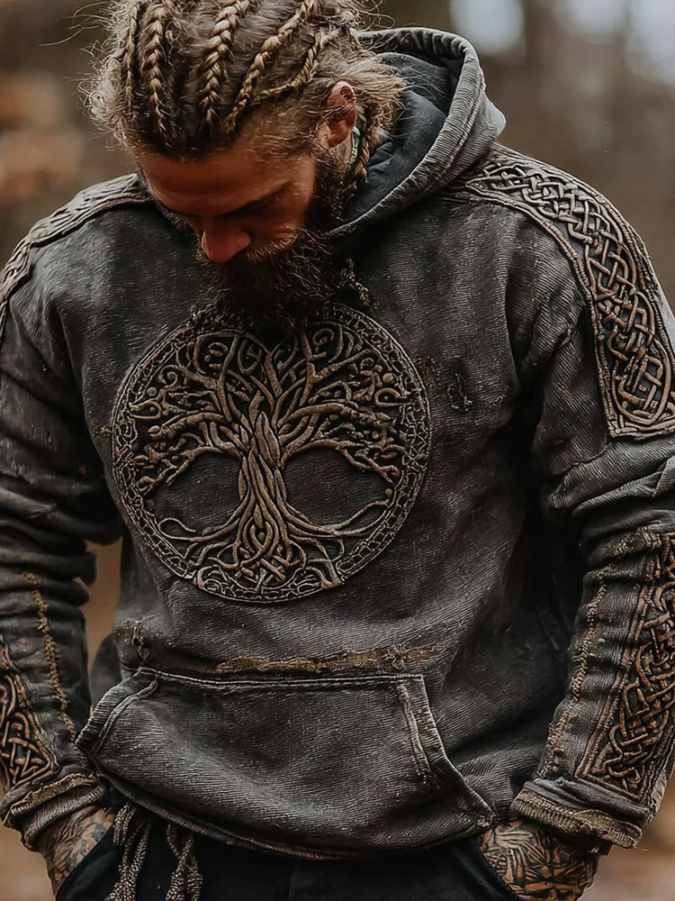 Men's Viking Celtic Knot Tree Of Life Embroidery Comfortable Warm Hoodie