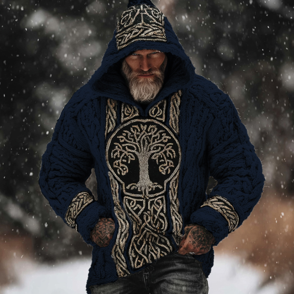 Men's Viking Style Tree Of Life White Thick Needle Hooded Sweater