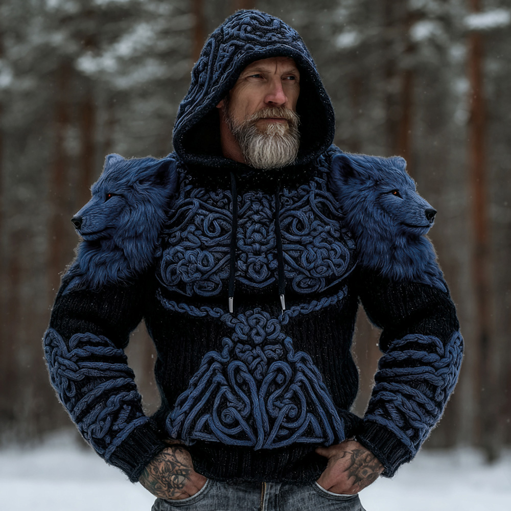 Men's Viking Style Wolf Totem Embroidered Celtic Knot Knitted Thick Hooded Sweater