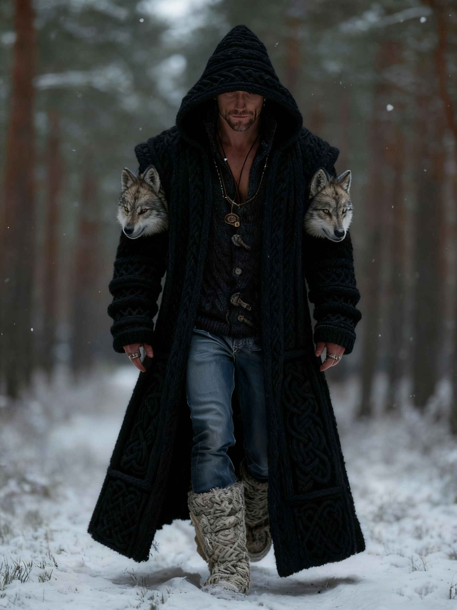 Men's Vintage Viking Wolf Style Celtic Art Mid-length Cardigan Sweater