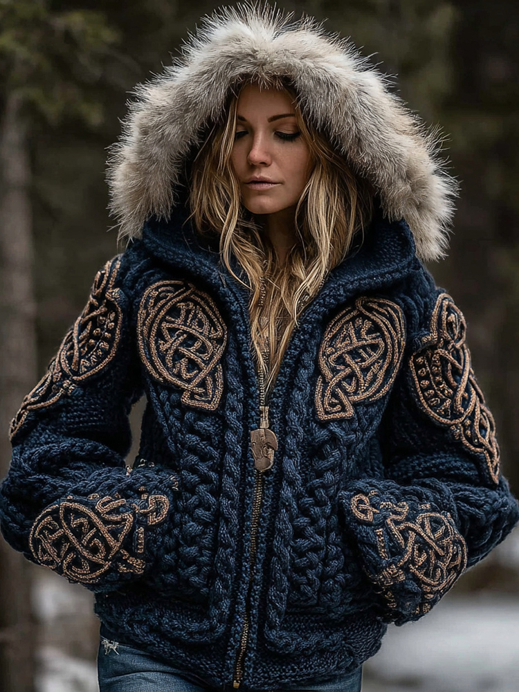 Women's Viking Celtic Knot Art Cozy Fur Collar Knit Hooded Sweater Jacket