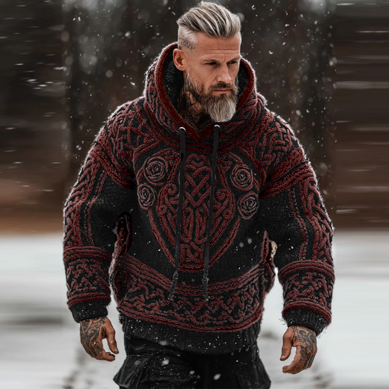 Men's Viking Tribal Jacquard Celtic With Rose Inspired Chunky Knit Hooded Sweater