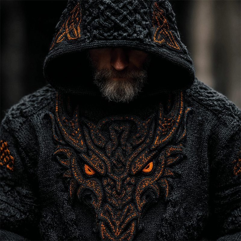 Men's Halloween Viking Evil Dragon Celtic Cozy Chunky Hooded Sweater