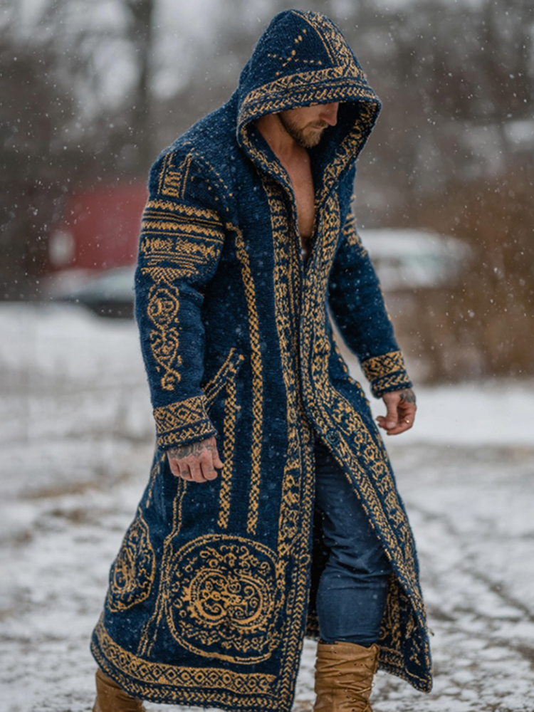 Men's Viking Celtic Geometry Knit Hooded Cardigan