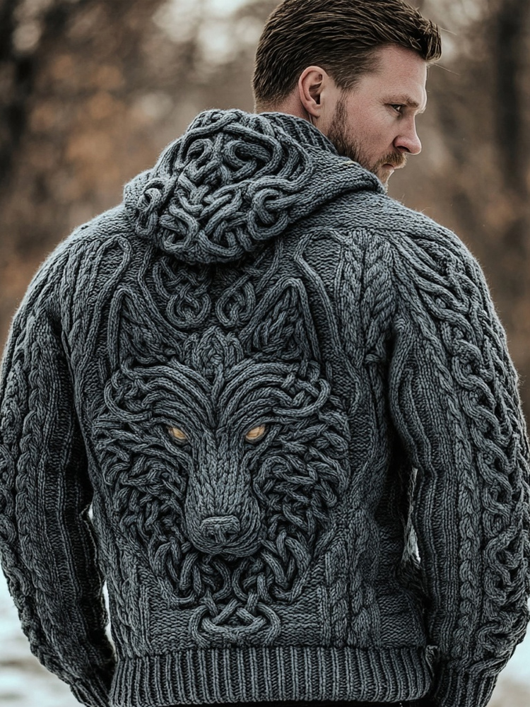 Men's Viking Inspired Celtic Wolf Vintage Chunky Hooded Sweater