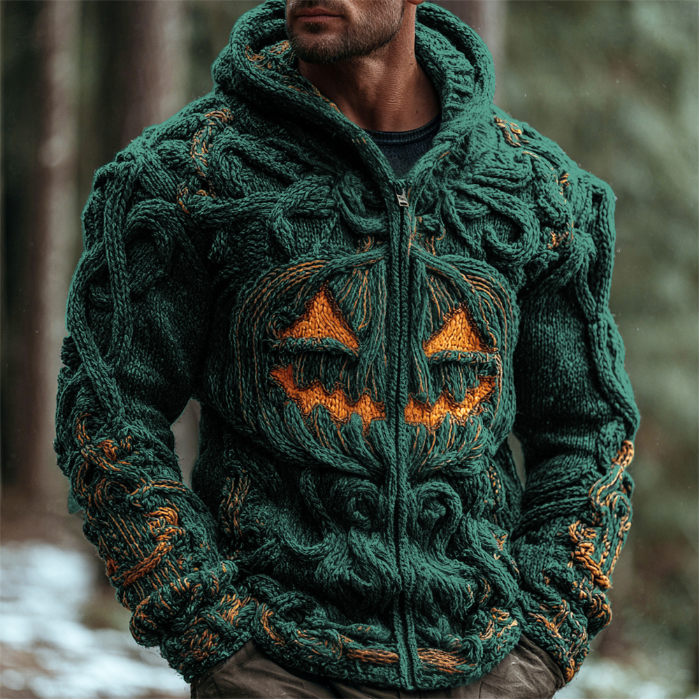 Halloween Pumpkin Emoji Men's Chunky Knit Full Zip Hooded Sweater
