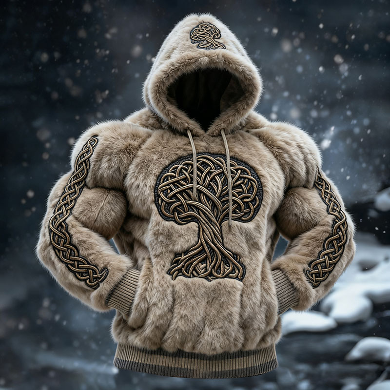Men's Viking Tribal Jacquard With Tree Of Life Inspired Muscle Line Art Plush Warm Hoodie