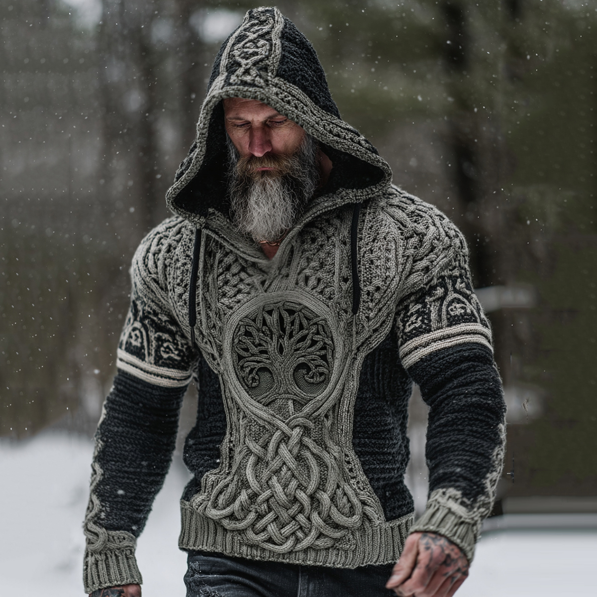 Men's Viking Tribal Jacquard Celtic Knotwork Tree Of Life Inspired Chunky Knit Hooded Sweater
