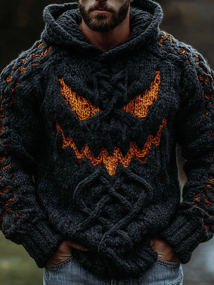 Viking Halloween Pumpkin Face Men's Knit Twist Hooded Sweater