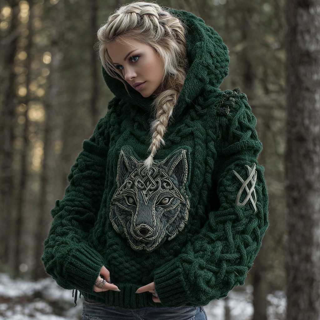Women's Viking Celtic Wolf Knit Jacquard Warm Hooded Sweater