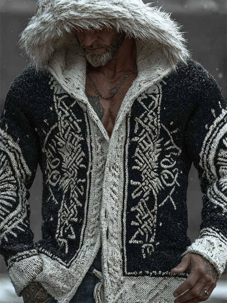 Men's Viking Runes Celtic Contrast Color Fur Trim Hooded Cardigan