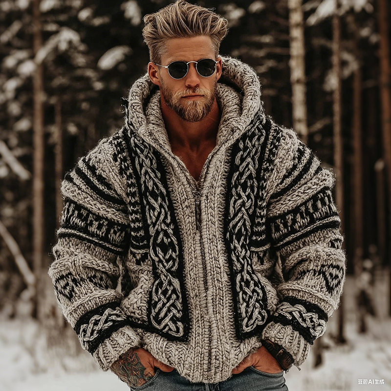 Men's Vintage Viking Celtic Knot Art Knit Hooded Zip Up Sweater