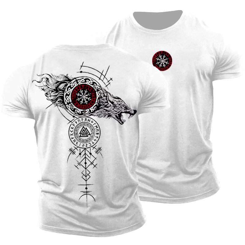 Vegvisir Wolf Runes Graphics Cotton T-shirt