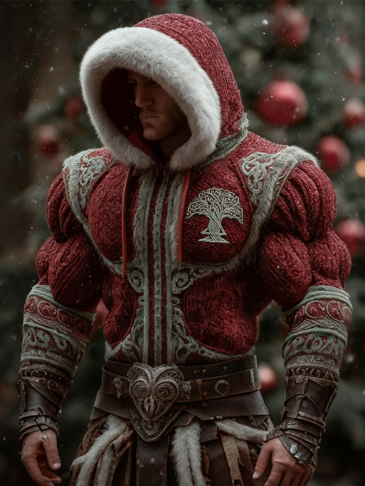 Men's Vintage Viking Tree Of Life Fur Trim Cozy Hooded Sweater