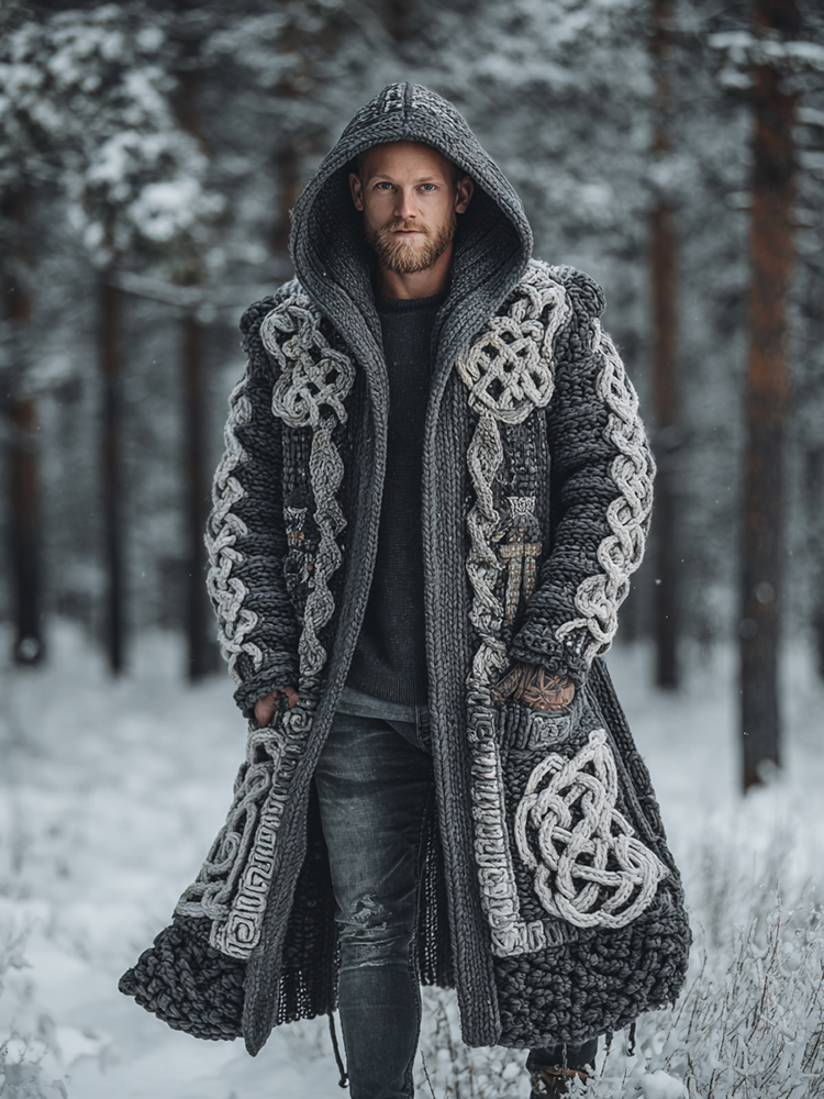 Men's Viking Intricate Celtic Knot Colorblock Pocket Mid-length Cardigan Sweater