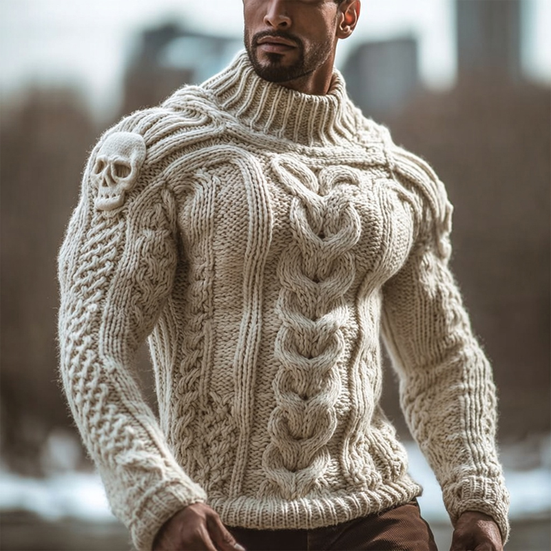 Men's Vintage Skull Celtic Chunky Cozy Turtleneck Sweater