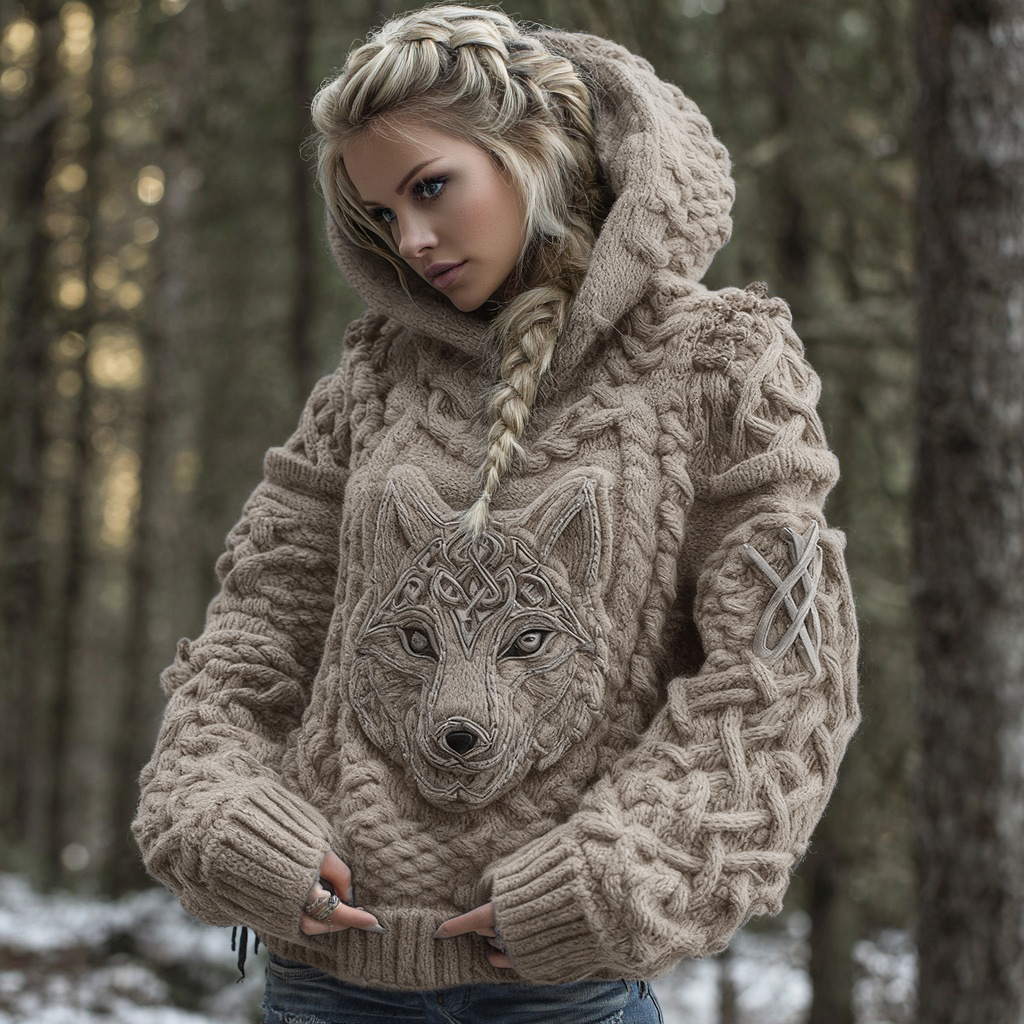 Women's Viking Celtic Wolf Knit Jacquard Warm Hooded Sweater