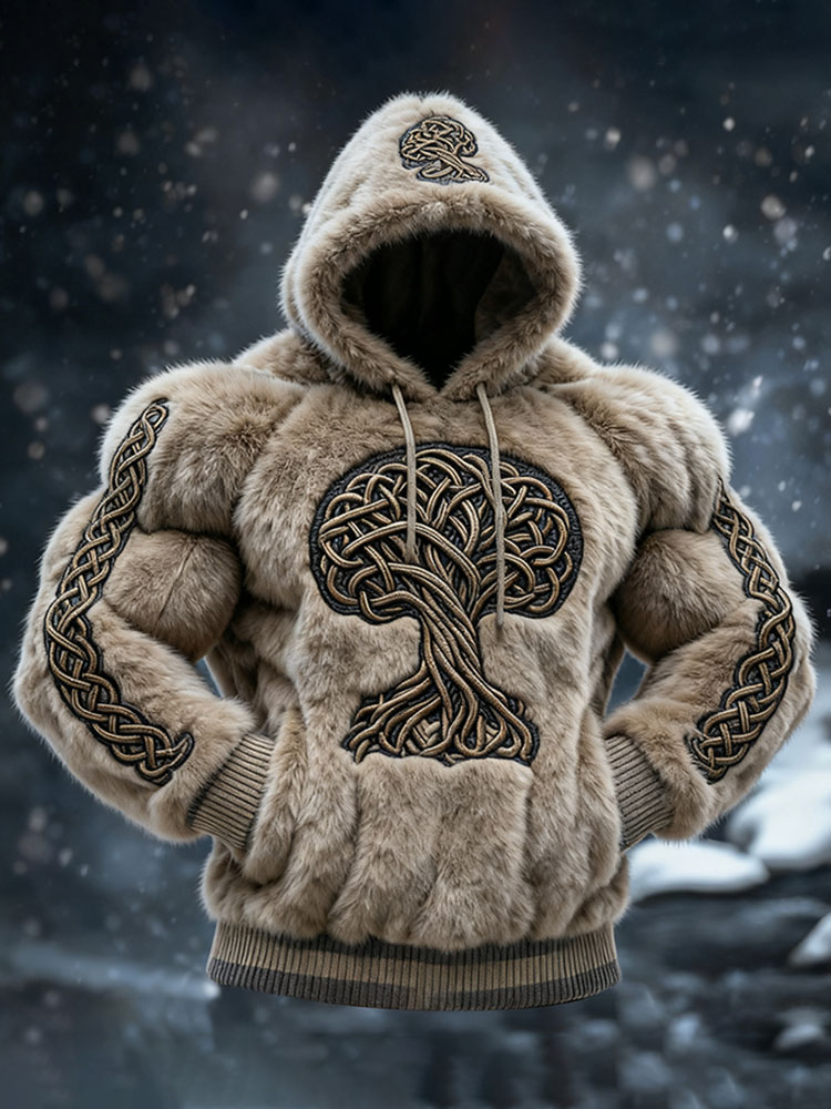 Men's Viking Tribal Jacquard With Tree Of Life Inspired Muscle Line Art Plush Warm Hoodie