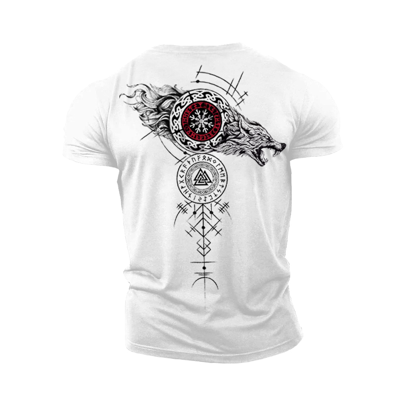 Vegvisir Wolf Runes Graphics Cotton T-shirt