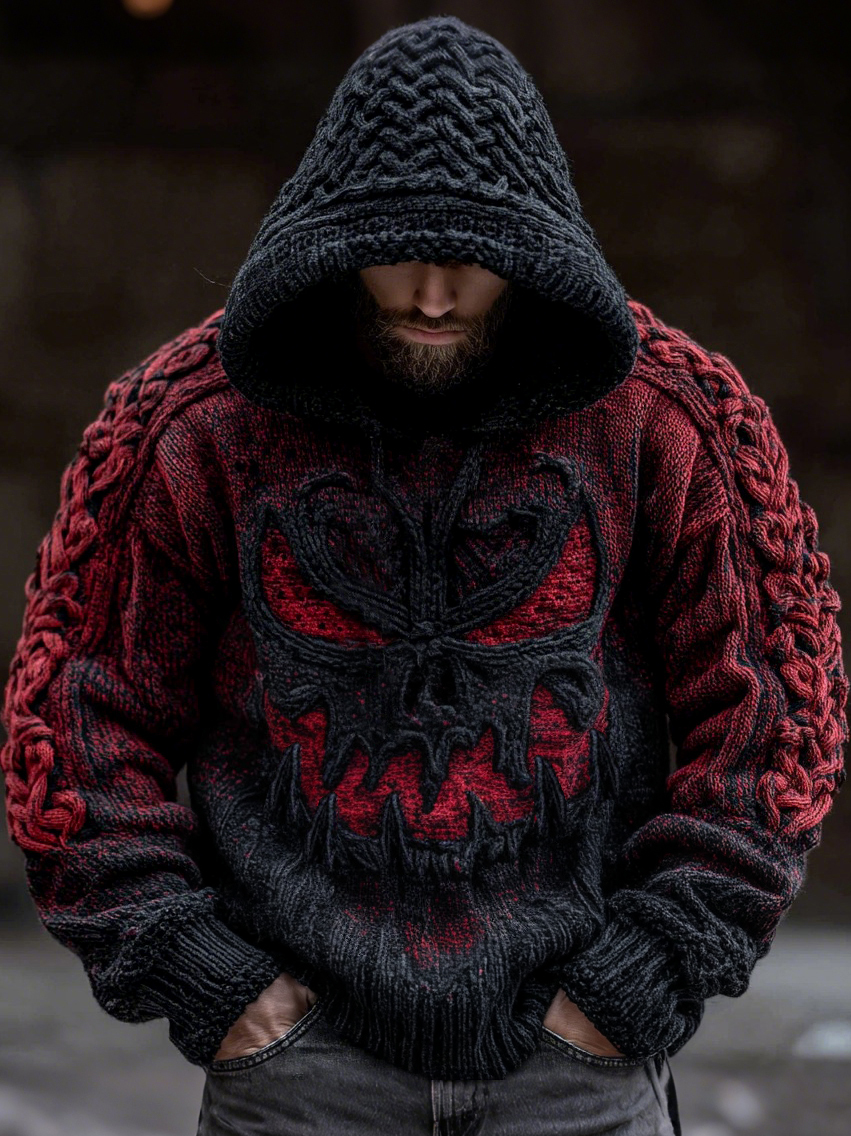 Men's Viking Devil Face Celtic Knot Jacquard Knit Hooded Sweater