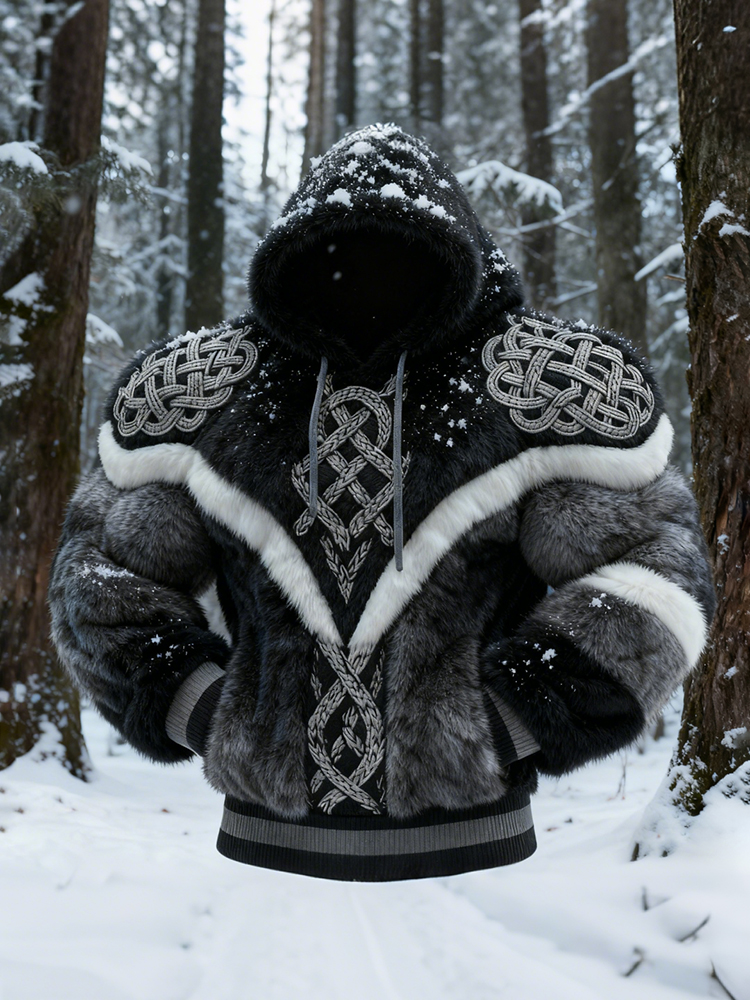 Men's Viking Tribal Jacquard Art Inspired Muscle Line Art Plush Warm Hoodie