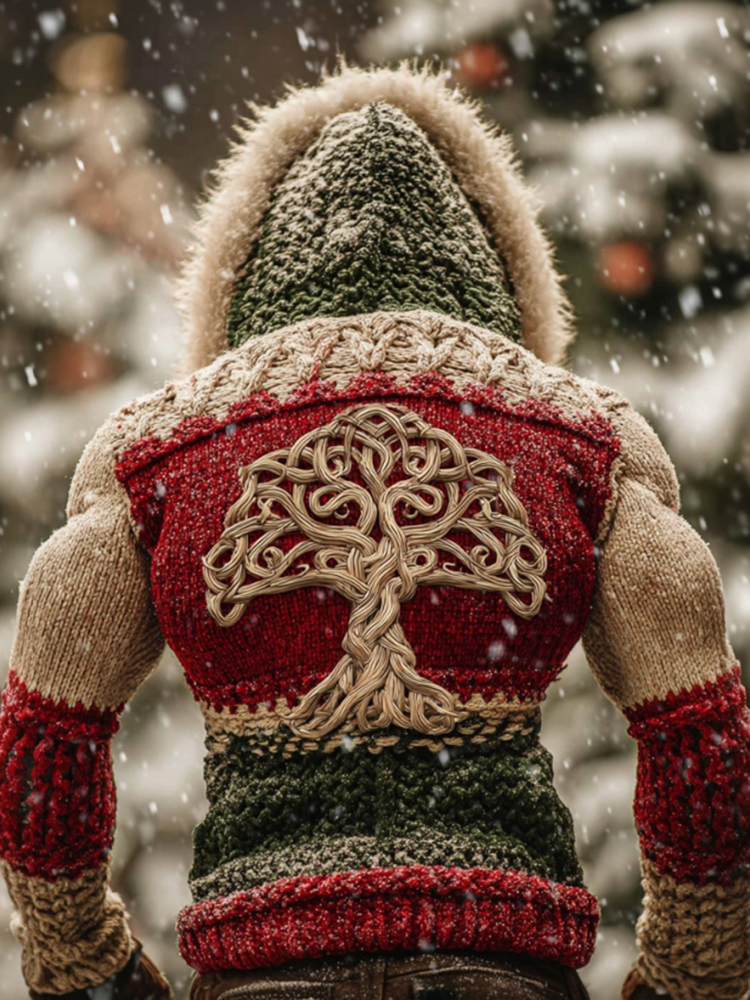 Men's Color Block Tree Of Life Christmas Knitted Hooded Sweater With Fur Collar