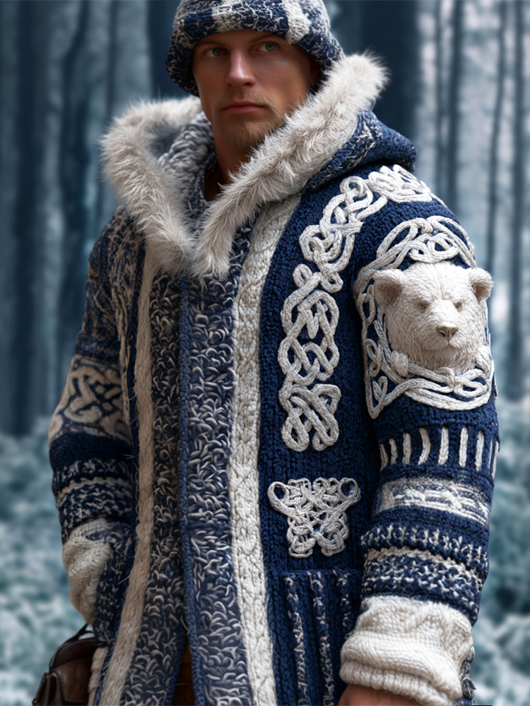 Viking Celtic Knot & Arctic Bear Art Men's Hooded Knit Cardigan
