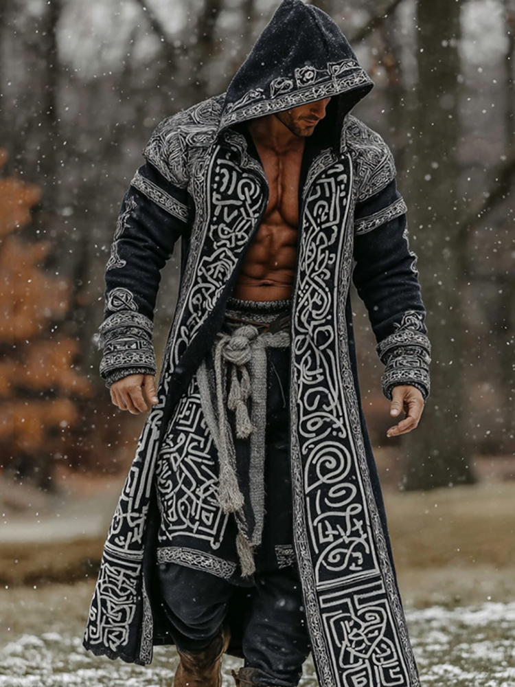 Men's Viking Celtic Knot Geometry Knit Hooded Cardigan