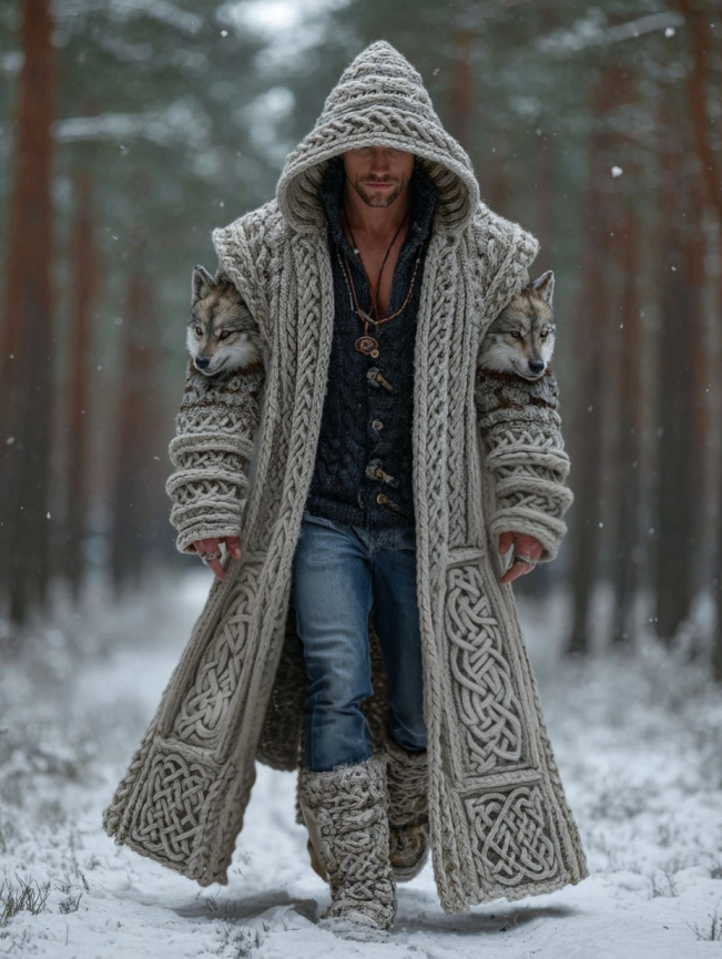 Men's Vintage Viking Wolf Style Celtic Art Mid-length Cardigan Sweater
