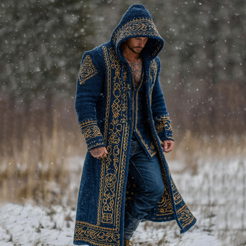 Men's Viking Celtic Geometry Knit Button Hooded Cardigan