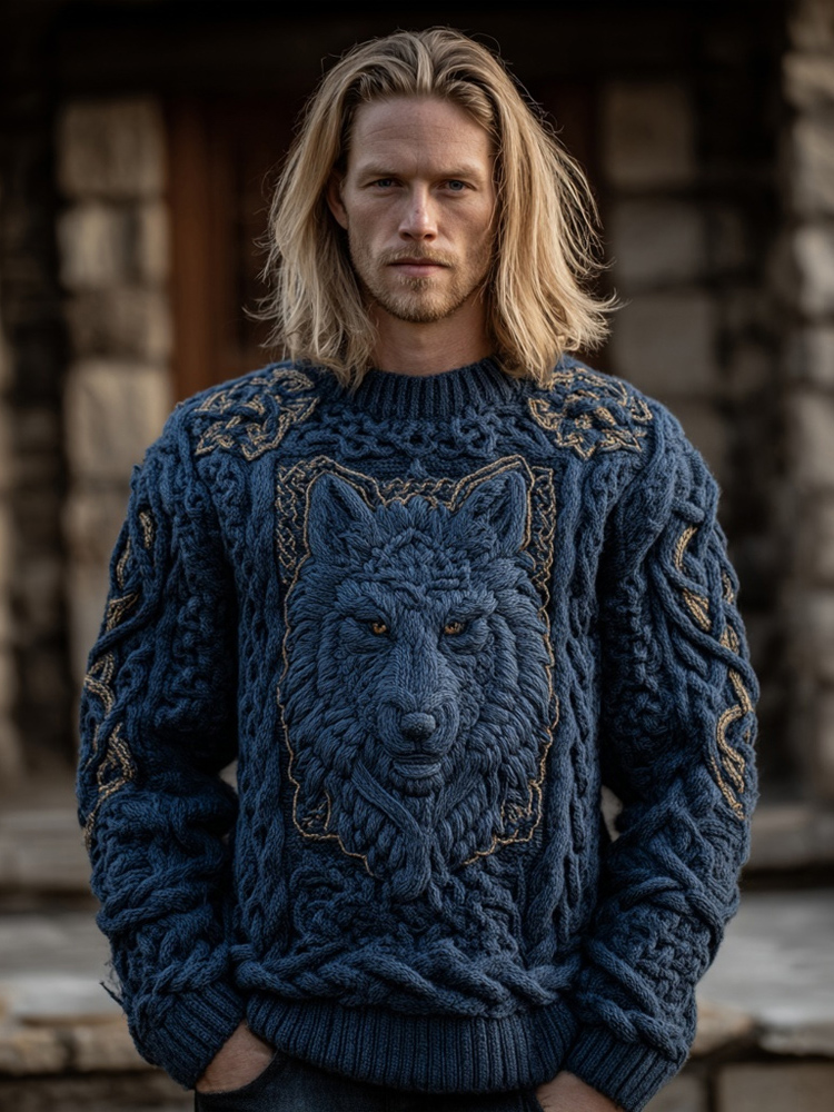 Men's Viking Inspired Celtic Wolf Vintage Cozy Knit Sweater