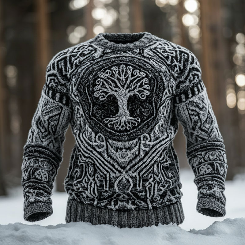 Men's Ancient Viking Tribal With Tree Of Life Art Inspired Winter Warmth Knit Woolen Sweater