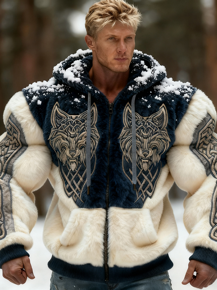 Men's Viking Wolf Style Celtic Art Cozy Flannel Zip-up Hoodie