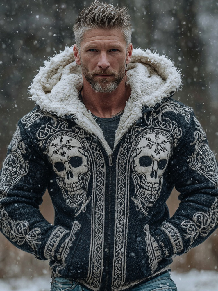 Men's Retro Viking Vegvisir Skull Pattern Knit Zip-up Hooded Sweater