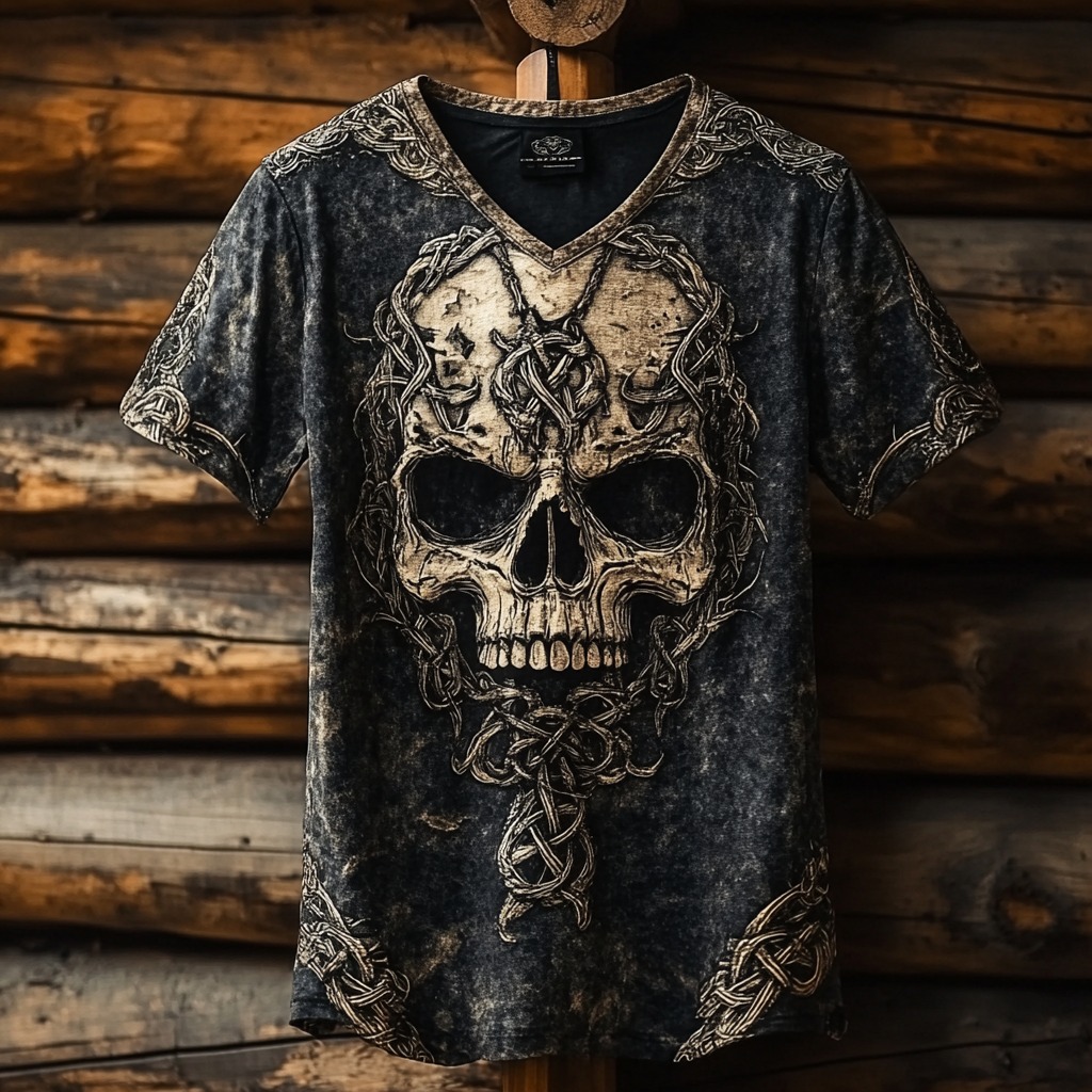 Men's Viking Celtic Skull Runes Washed Linen T-shirt