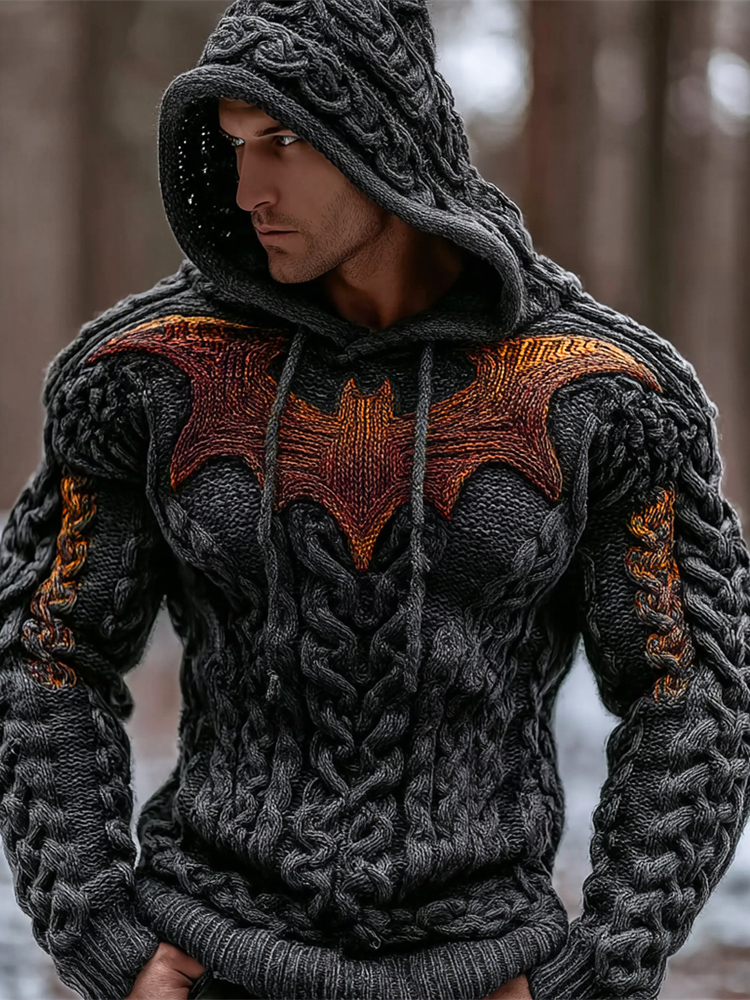 Halloween Gold Bat Art Men's Chunky Knit Hooded Sweater