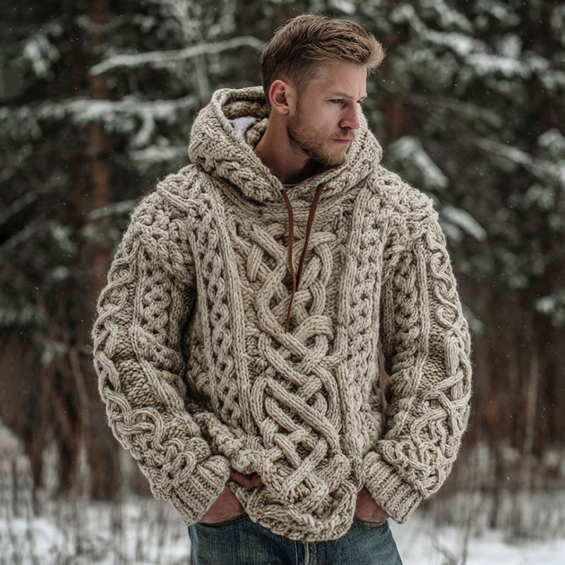 Men's Vintage Viking Celtic Knot Art Cozy Jacquard Knit Hooded Sweater
