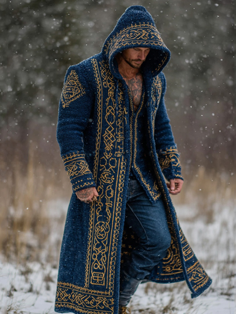 Men's Viking Celtic Geometry Knit Button Hooded Cardigan