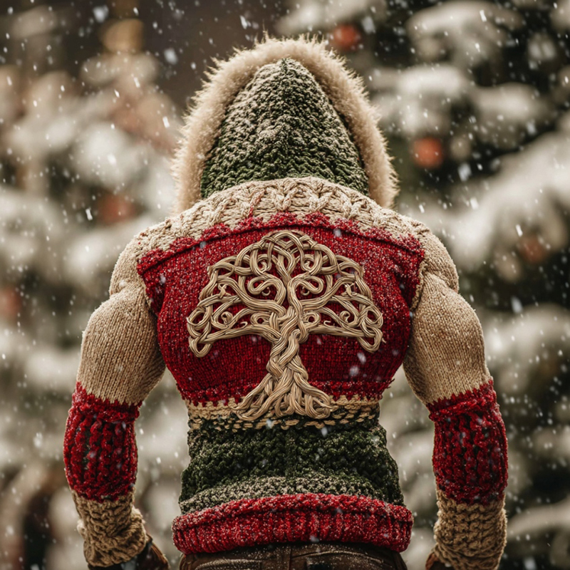 Men's Color Block Tree Of Life Christmas Knitted Hooded Sweater With Fur Collar