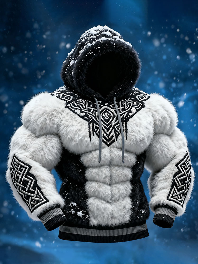 Men's Viking Tribal Jacquard Celtic Inspired Muscle Line Art Plush Warm Hoodie