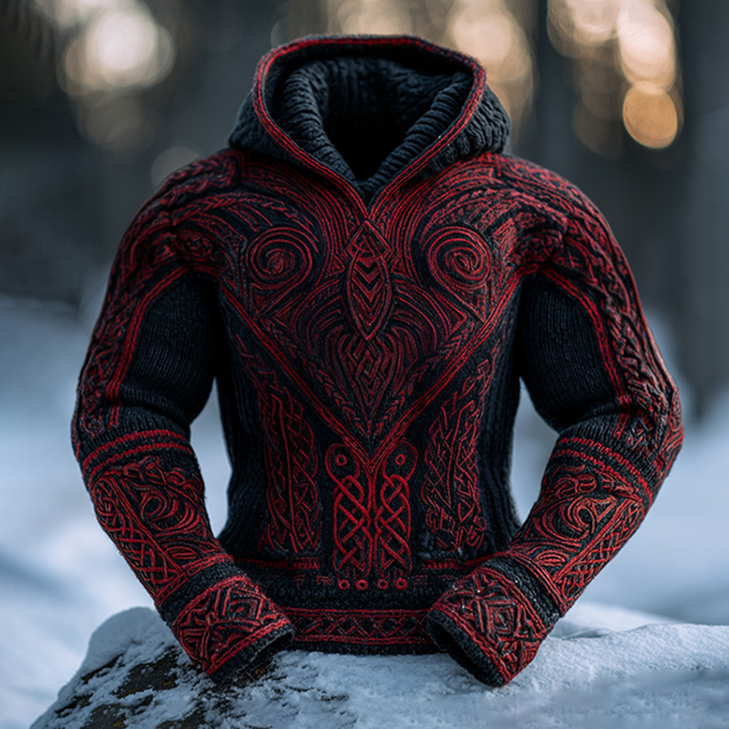 Men's Vintage Ancient Viking Tribal Art Inspired Winter Warmth Knit Woolen Hooded Sweater