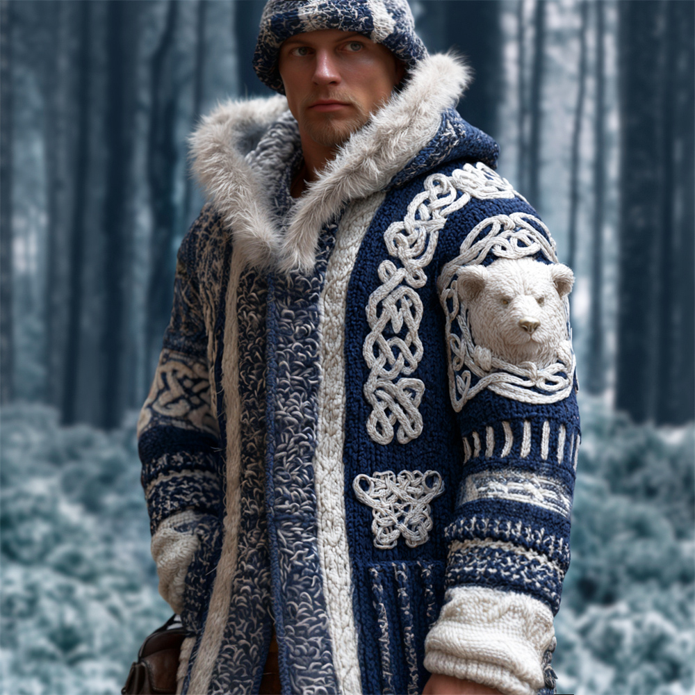 Viking Celtic Knot & Arctic Bear Art Men's Hooded Knit Cardigan