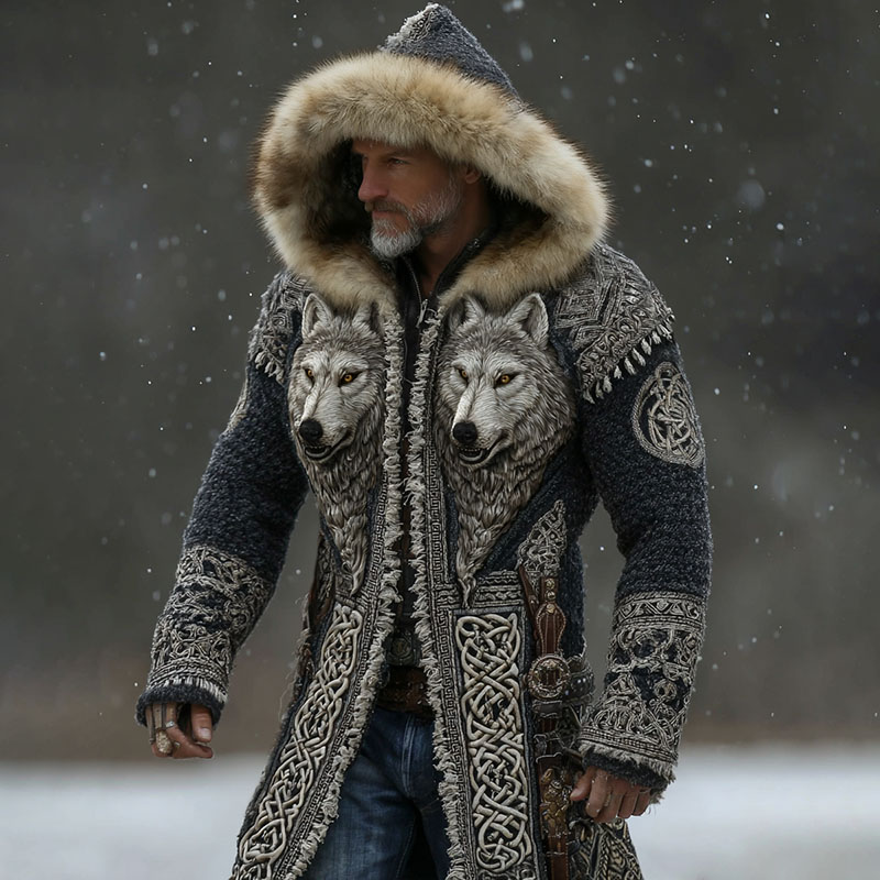 Viking Celtic Knot & Wolf Art Men's Hooded Knit Cardigan