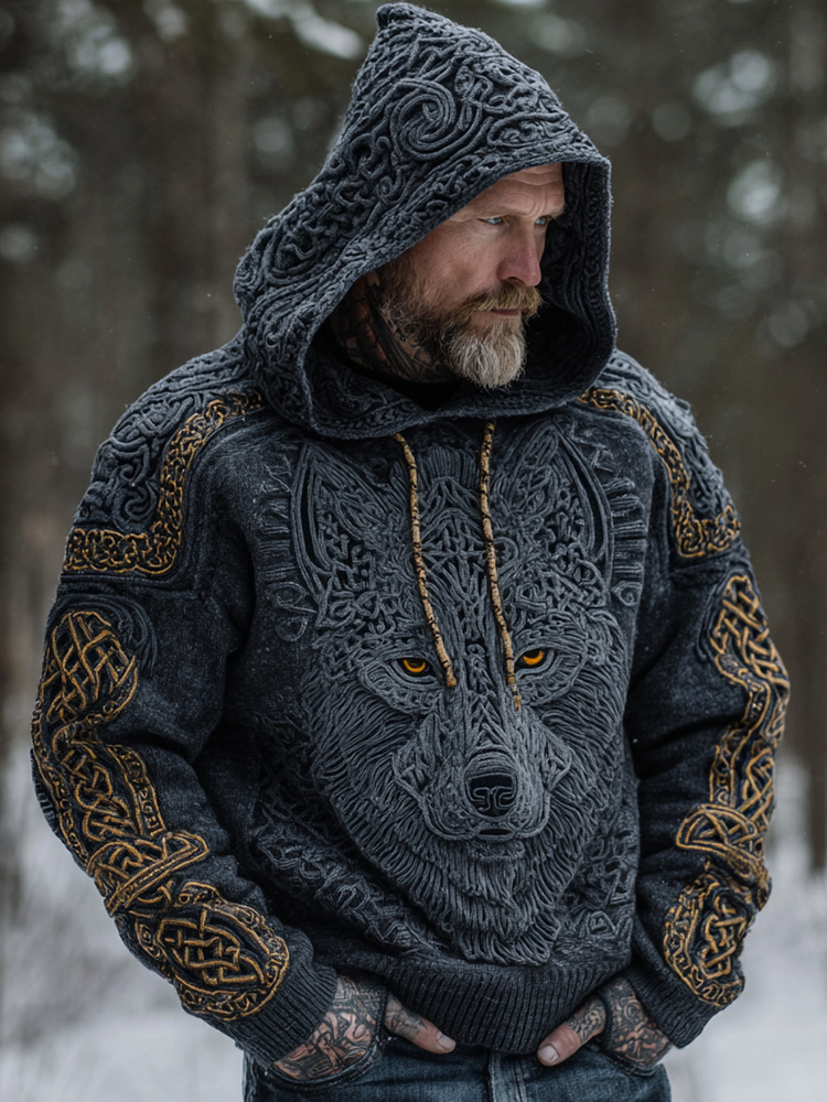 Men's Vintage Viking Wolf Celtic Knot Jacquard Knit Hooded Sweater