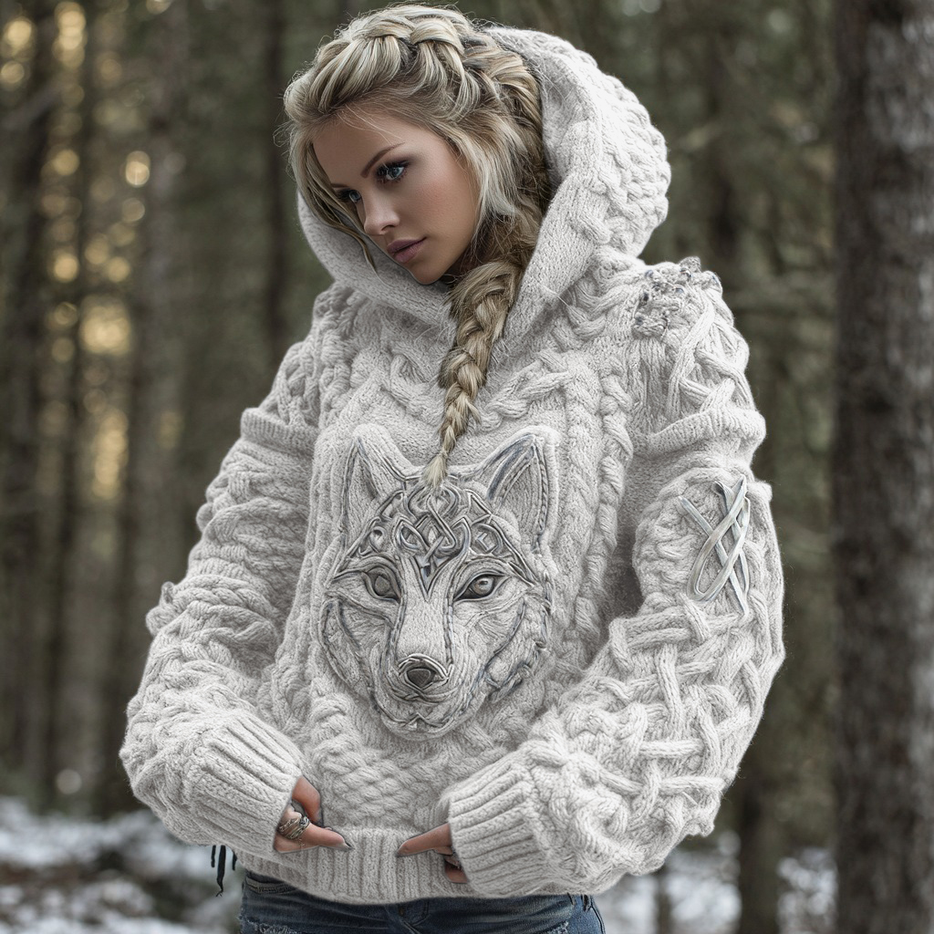 Women's Viking Celtic Wolf Knit Jacquard Warm Hooded Sweater