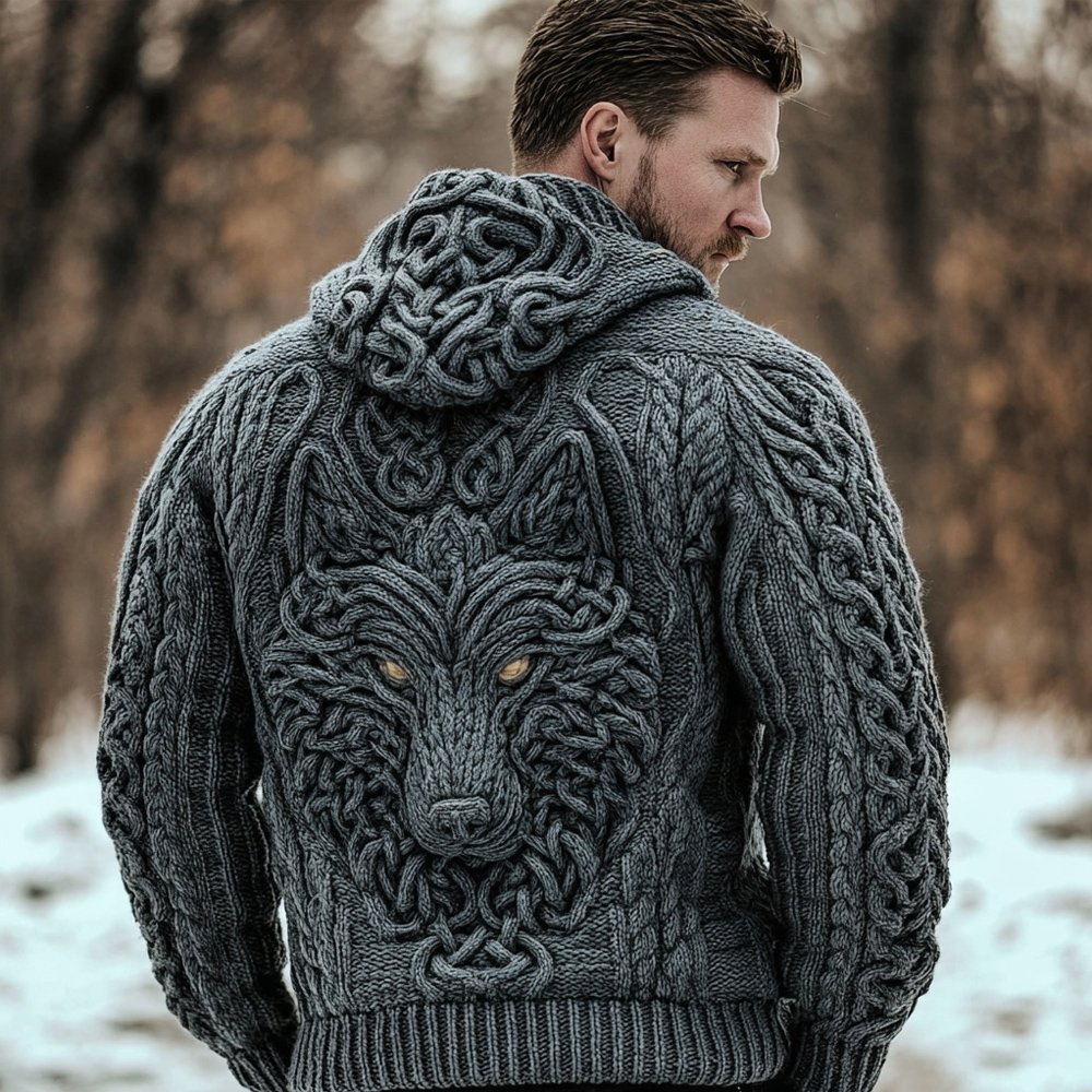 Men's Viking Inspired Celtic Wolf Vintage Chunky Hooded Sweater