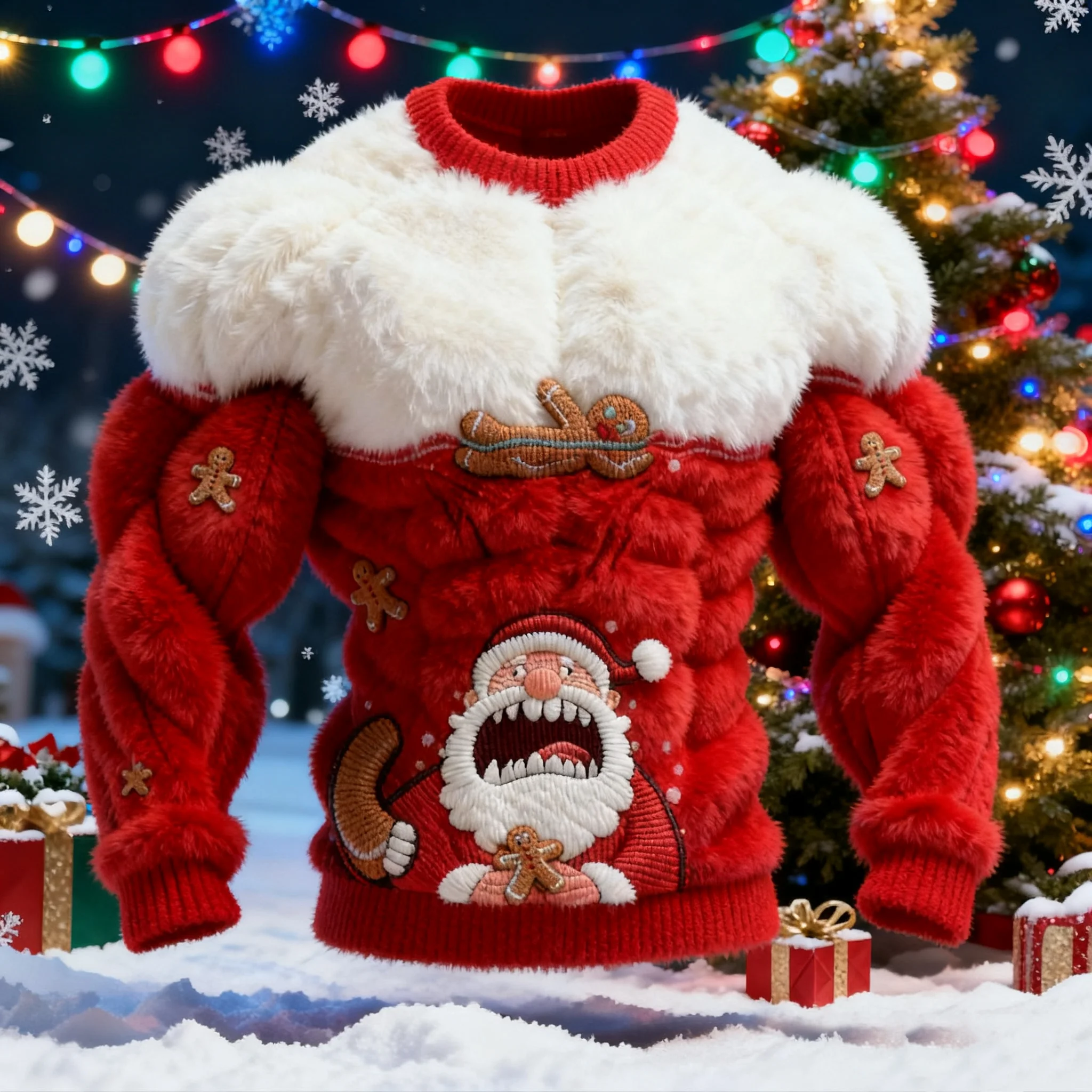 Men's Spoof Santa Claus Eating Gingerbread Pattern Color Blocked Ugly Sweater